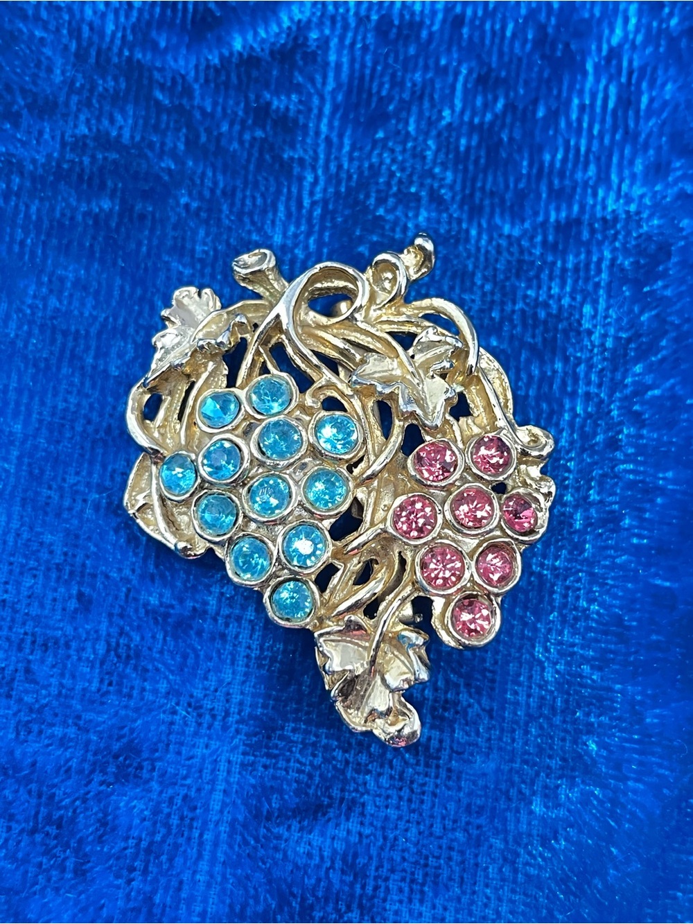 Vintage Grapevine Brooch with Blue and Pink Crystals